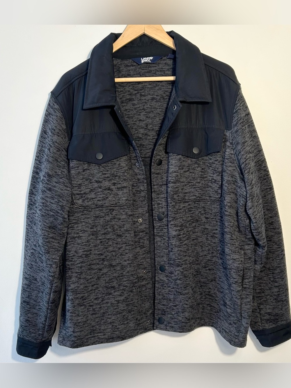 Lands End Sweater Jacket Snap Front Fleece Shirt Jacket Men's Size XL Gray Black
